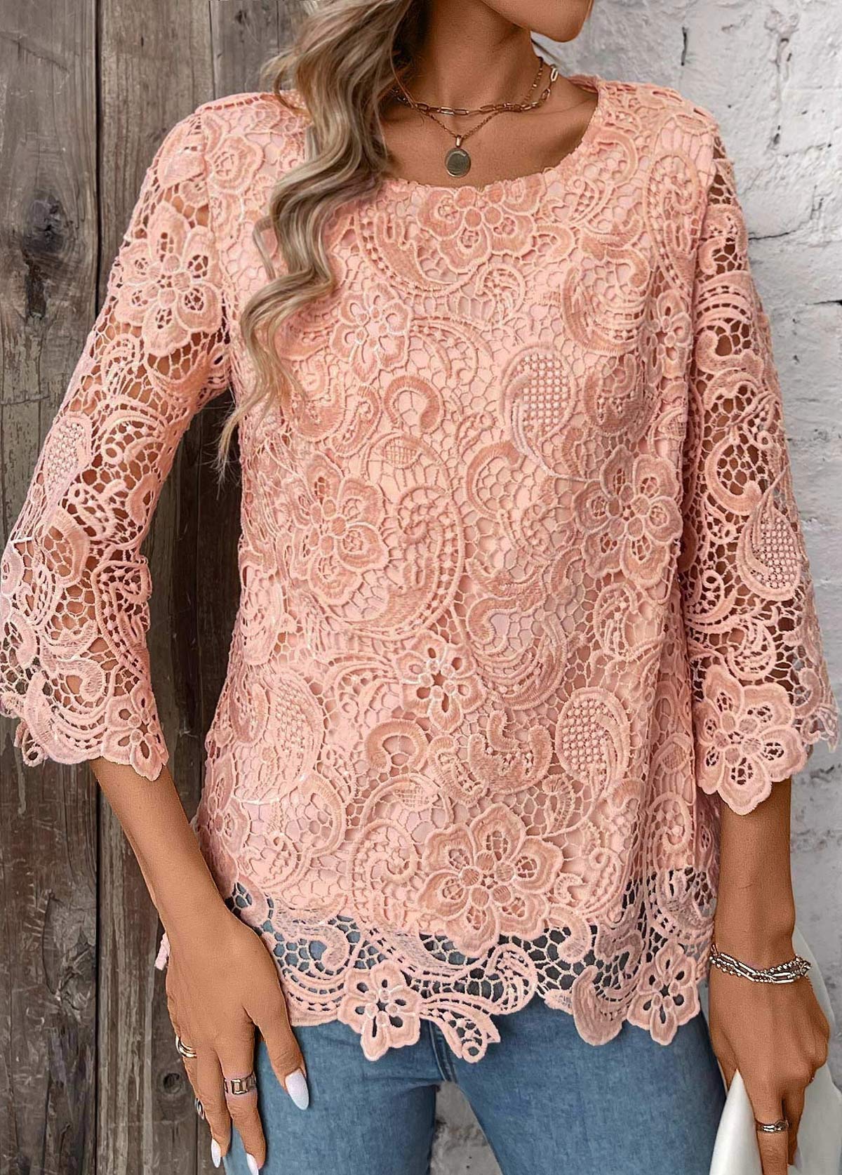 Light Pink Lace 3/4 Sleeve Round Neck T Shirt | picture 