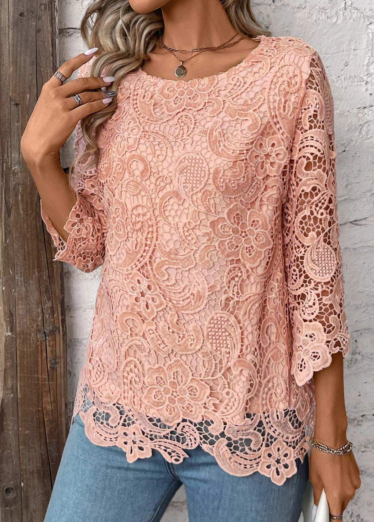 Light Pink Lace 3/4 Sleeve Round Neck T Shirt | picture 