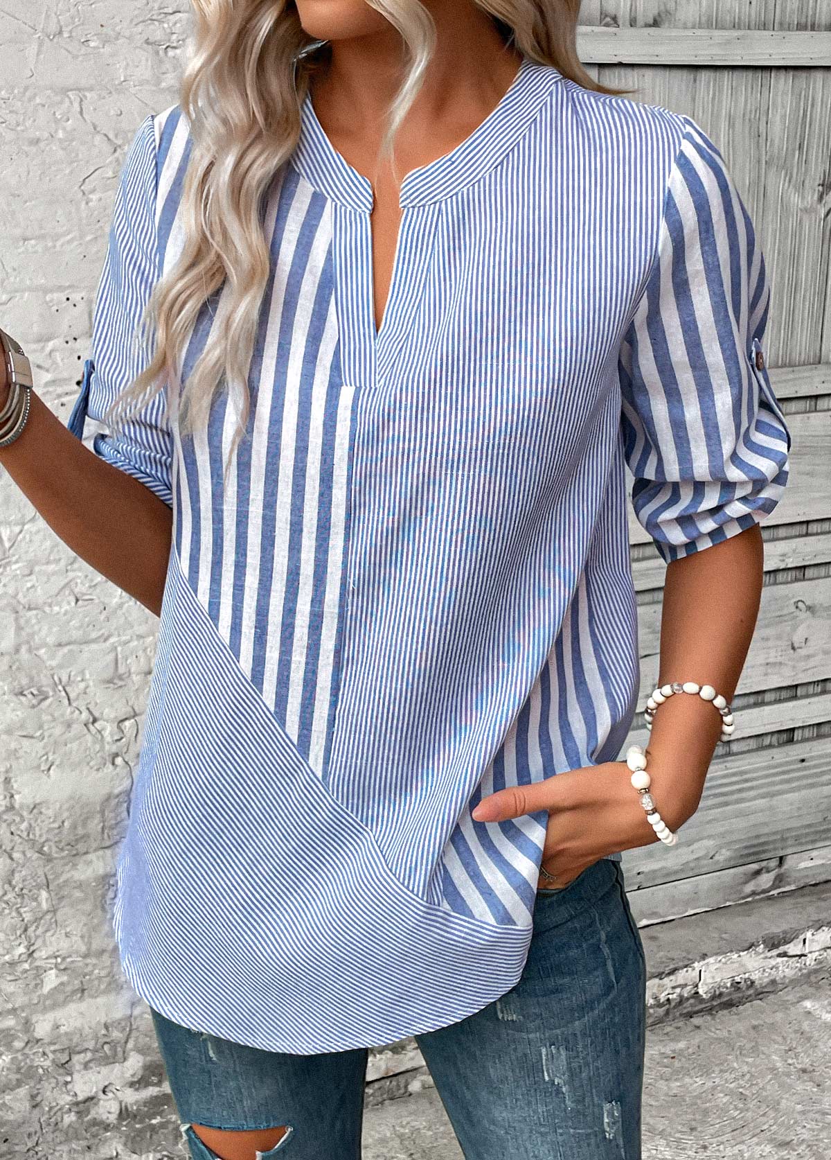 Dusty Blue Split Striped 3/4 Sleeve Blouse | picture 