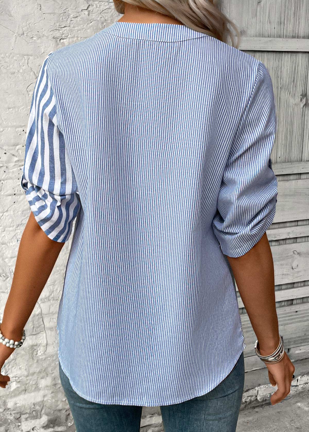 Dusty Blue Split Striped 3/4 Sleeve Blouse | picture 