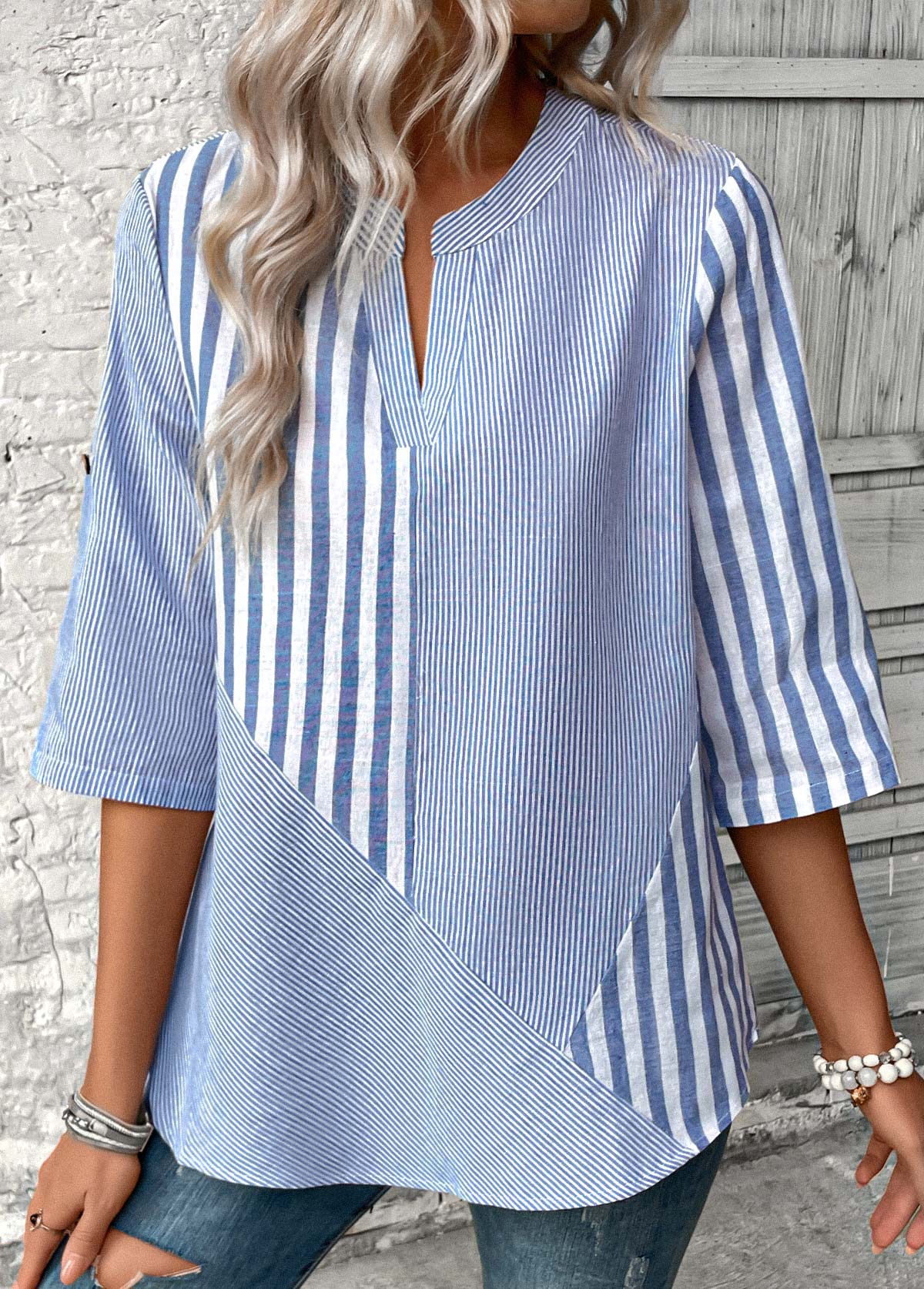 Dusty Blue Split Striped 3/4 Sleeve Blouse | picture 