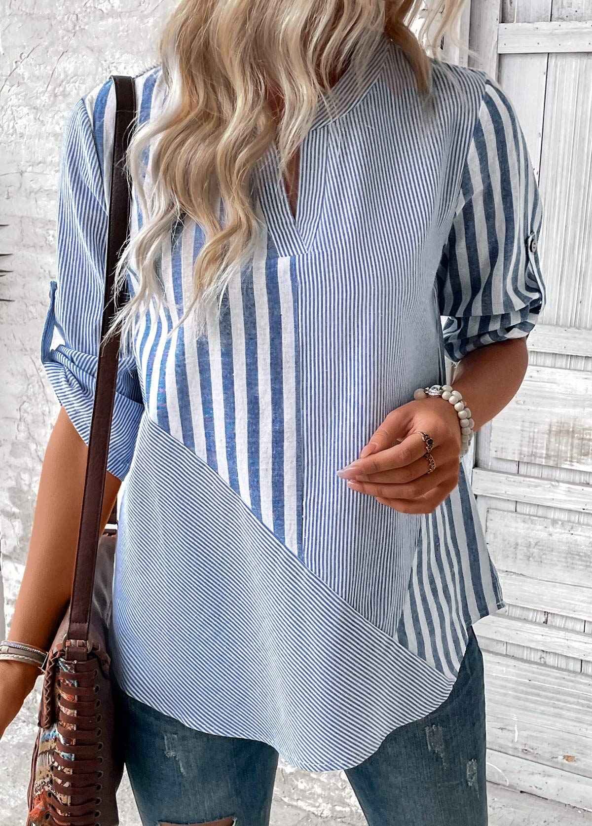 Dusty Blue Split Striped 3/4 Sleeve Blouse | picture 