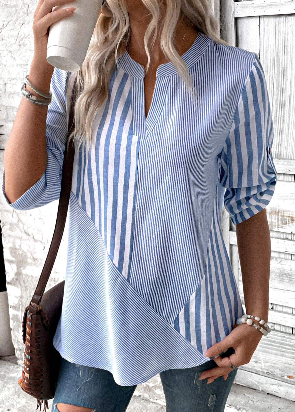Dusty Blue Split Striped 3/4 Sleeve Blouse | picture 