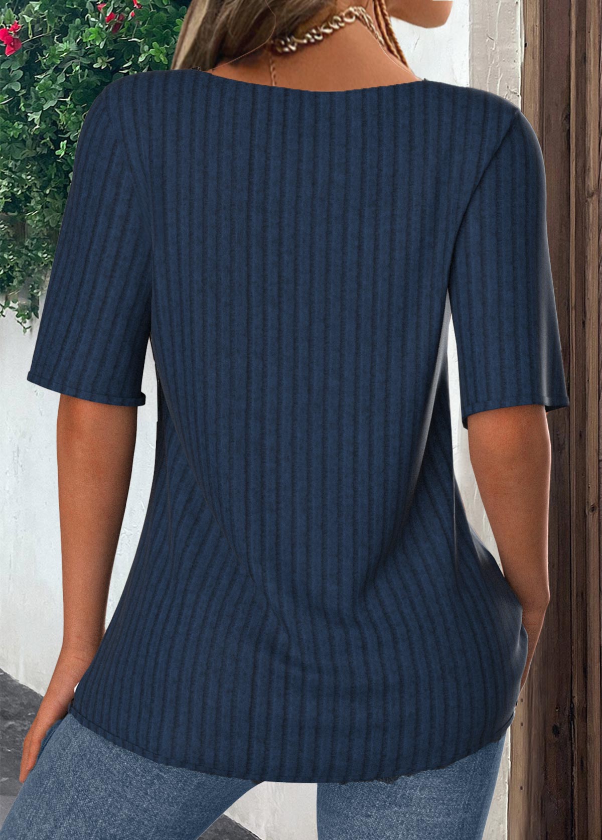 Navy Patchwork Short Sleeve Fake Two Piece Twinset | picture 