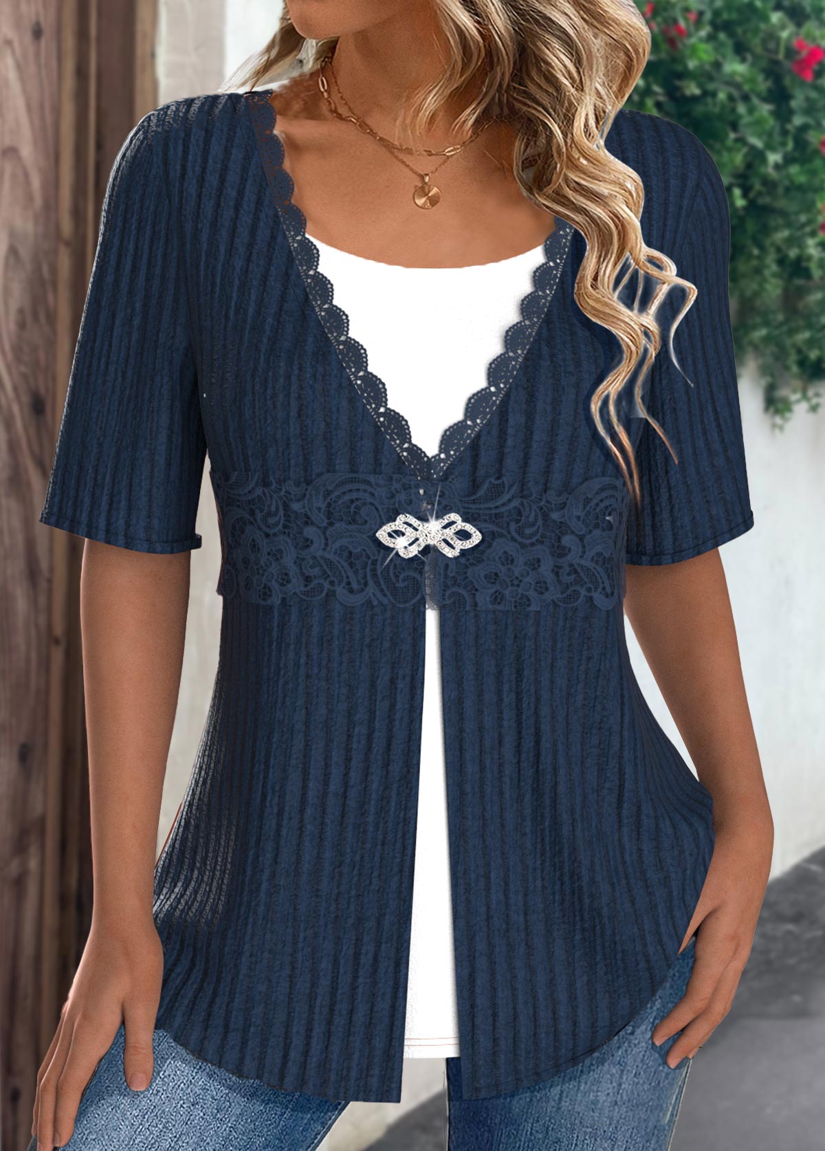 Navy Patchwork Short Sleeve Fake Two Piece Twinset | picture 