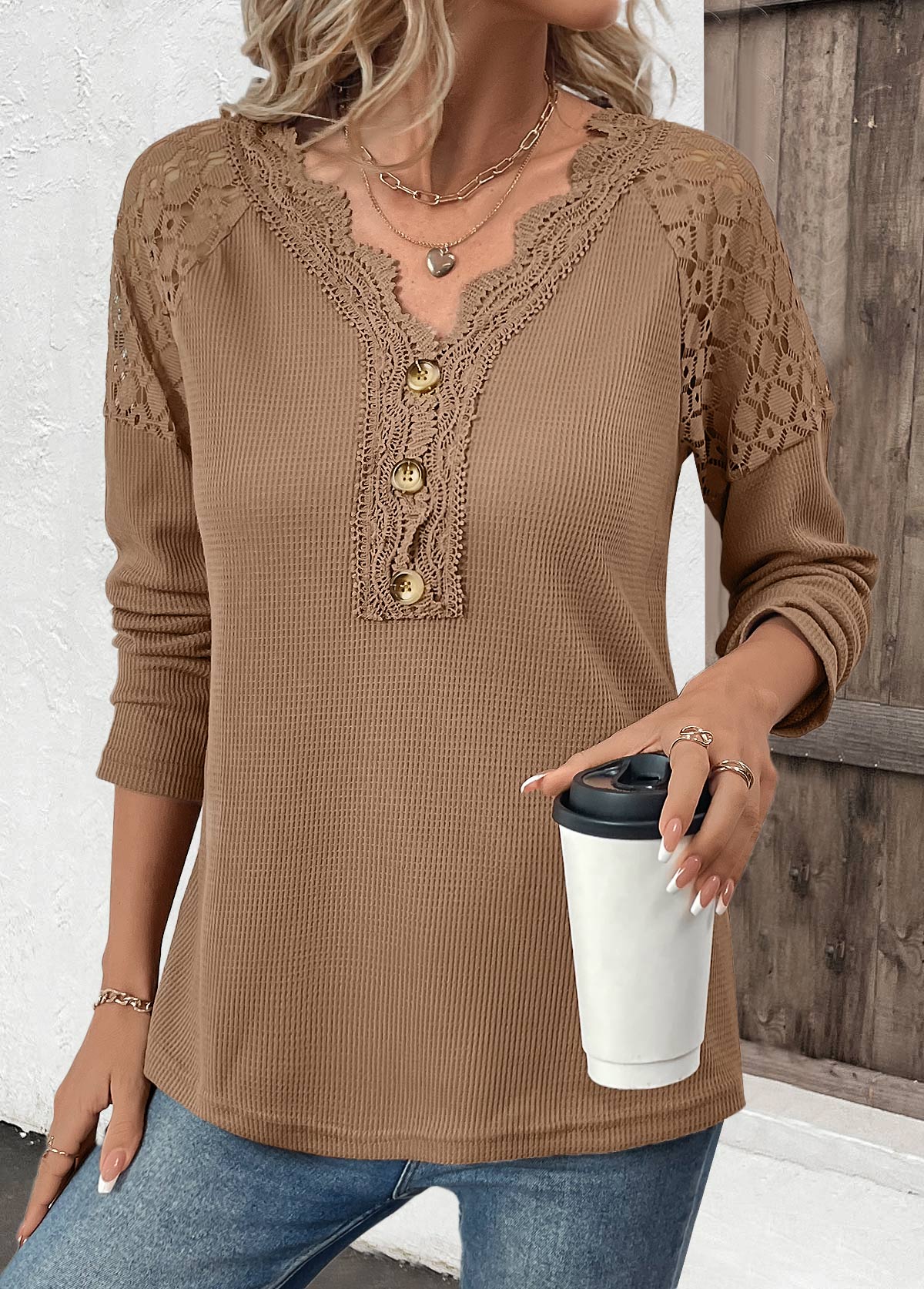 Dark Camel Embroidery Long Sleeve V Neck T Shirt | picture 