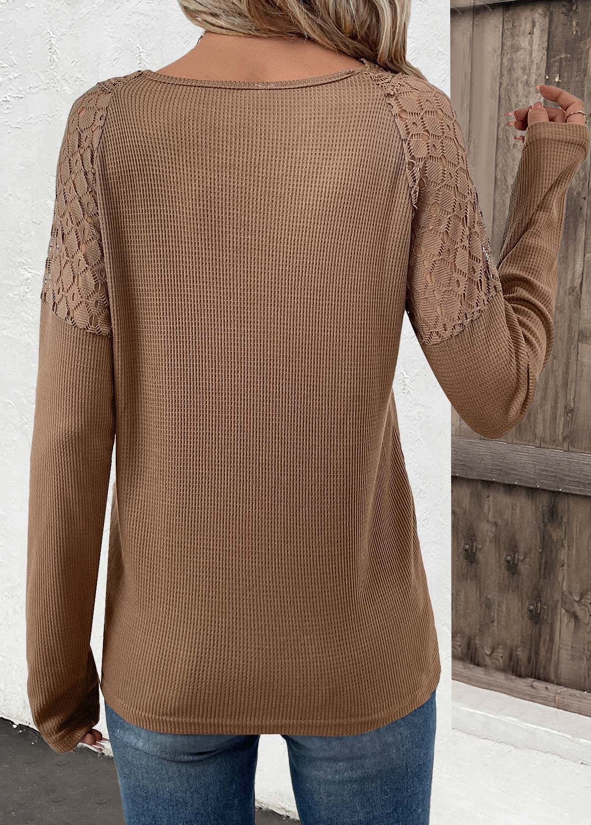 Dark Camel Embroidery Long Sleeve V Neck T Shirt | picture 