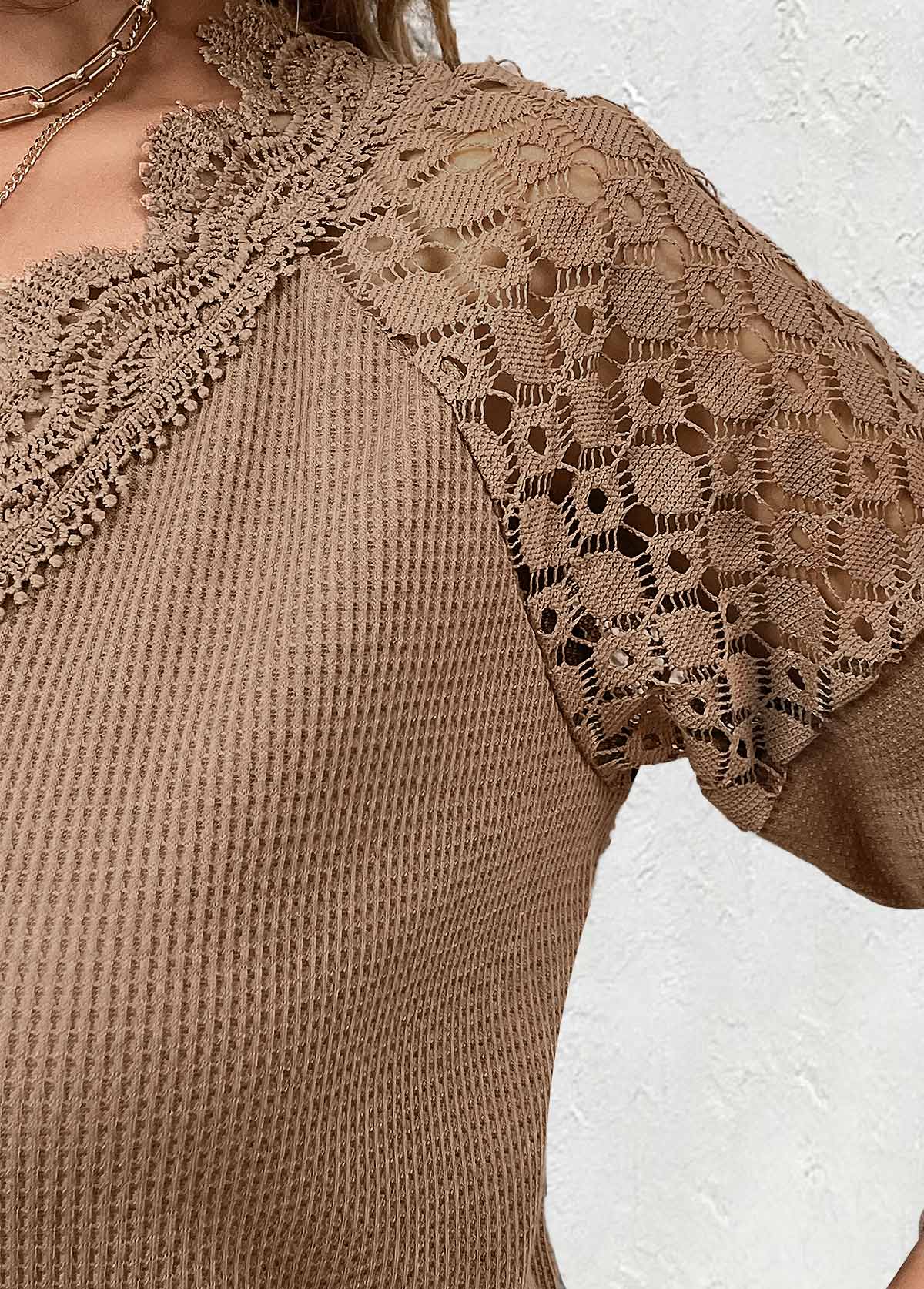 Dark Camel Embroidery Long Sleeve V Neck T Shirt | picture 