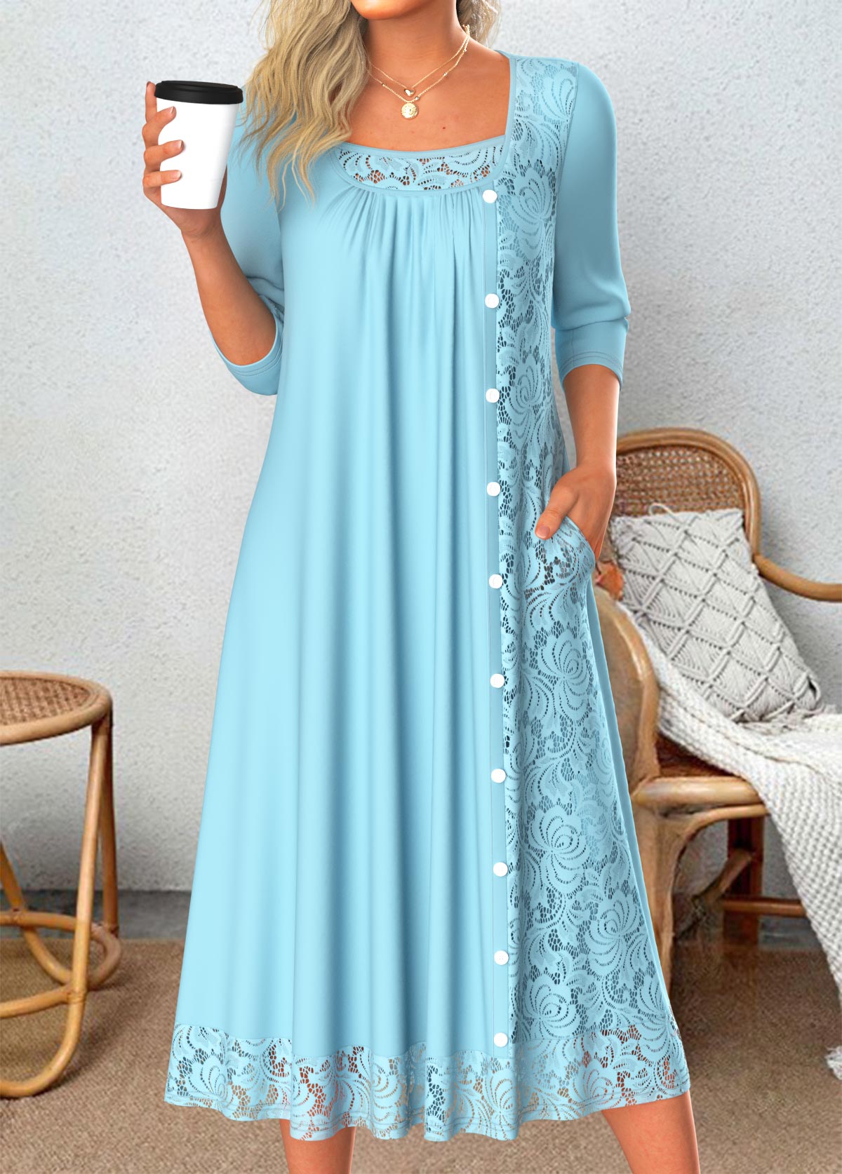 Light Blue Patchwork A Line 3/4 Sleeve Dress | picture 