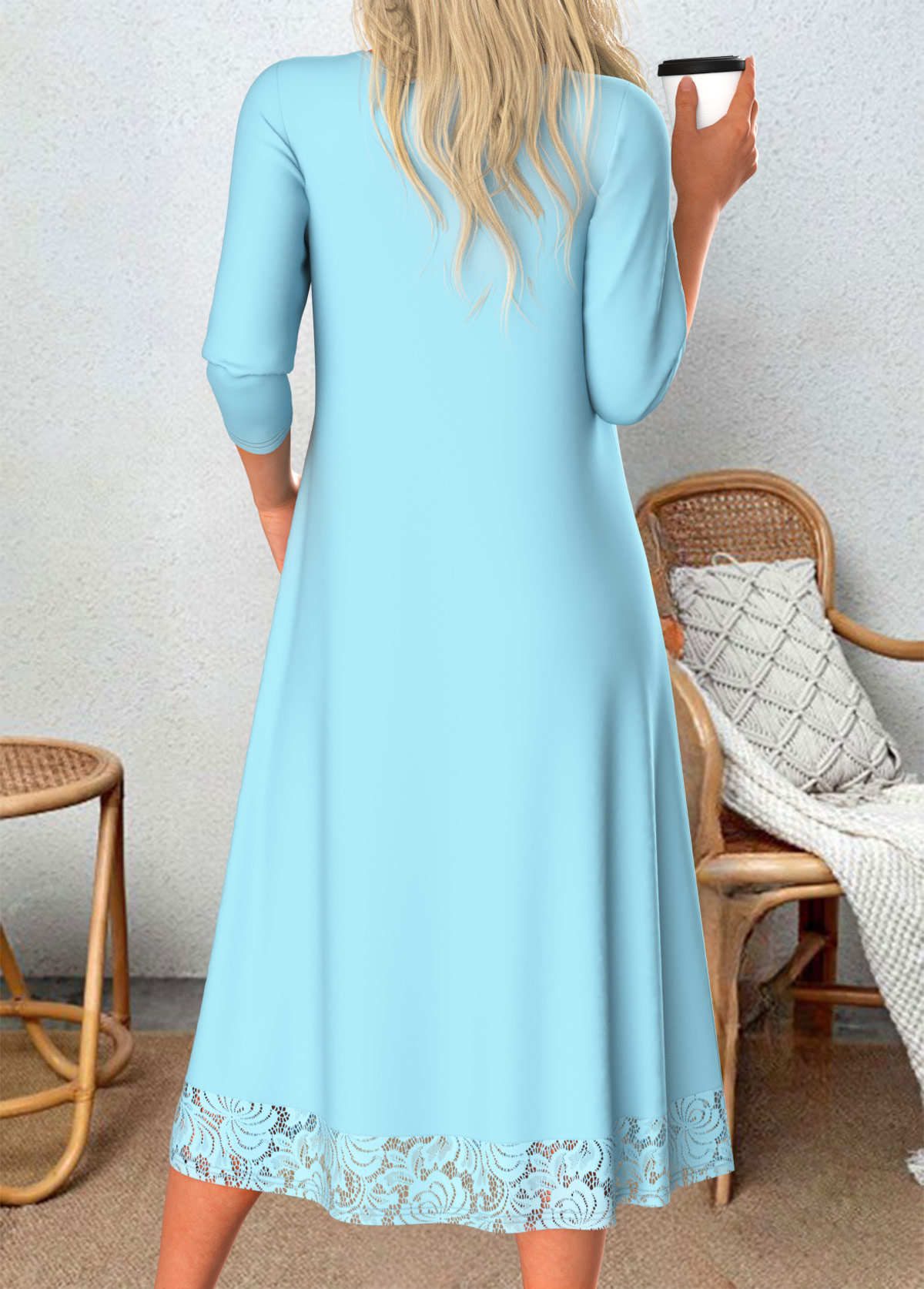 Light Blue Patchwork A Line 3/4 Sleeve Dress | picture 