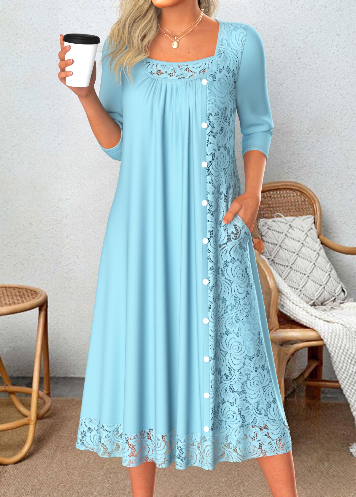 Light Blue Patchwork A Line 3/4 Sleeve Dress | picture 