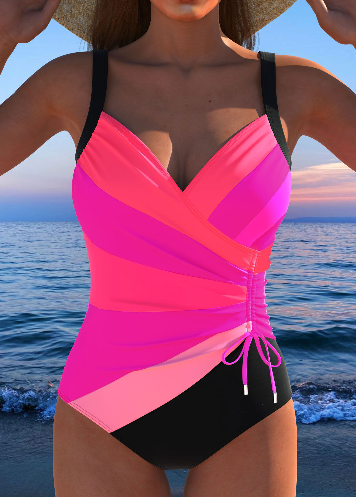 Drawstring Multi Stripe Print Hot Pink One Piece Swimwear | picture 