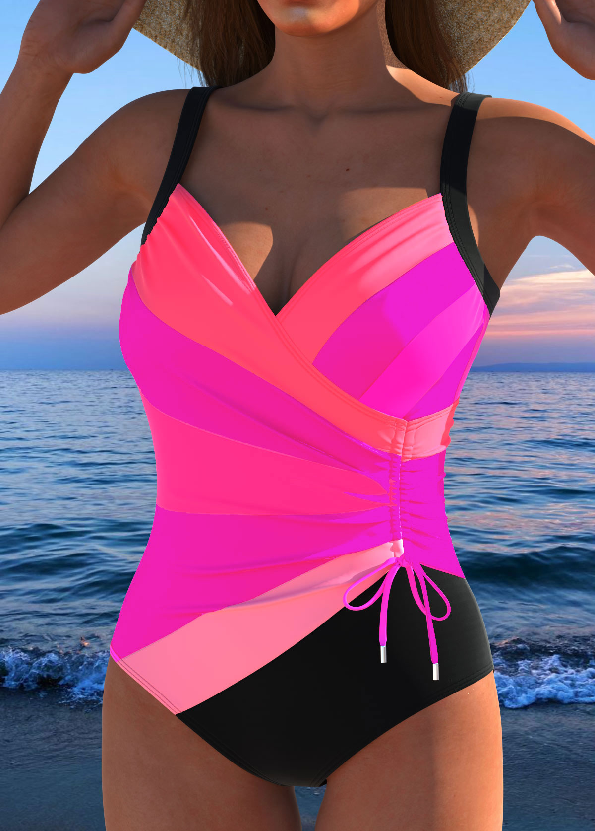 Drawstring Multi Stripe Print Hot Pink One Piece Swimwear | picture 