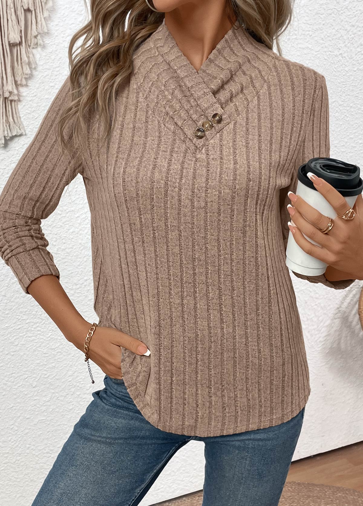 Gray Brown Surplice Long Sleeve T Shirt | picture 