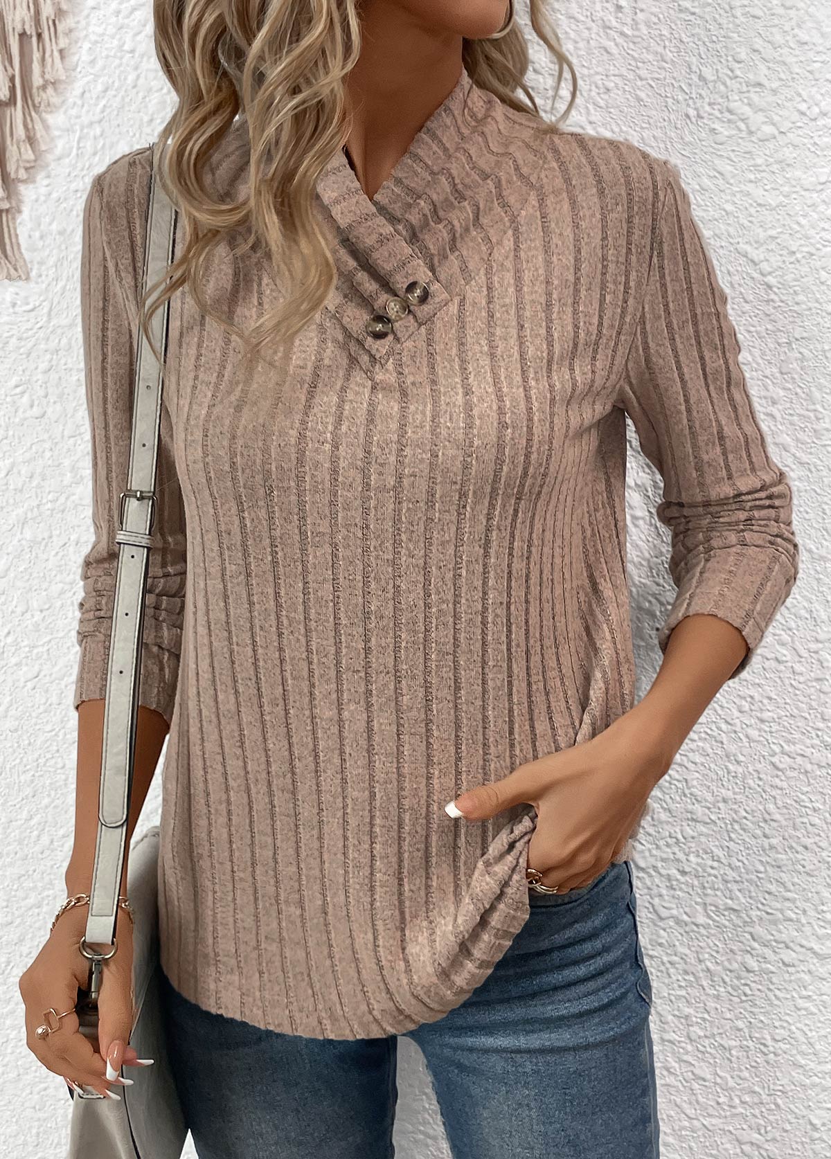 Gray Brown Surplice Long Sleeve T Shirt | picture 
