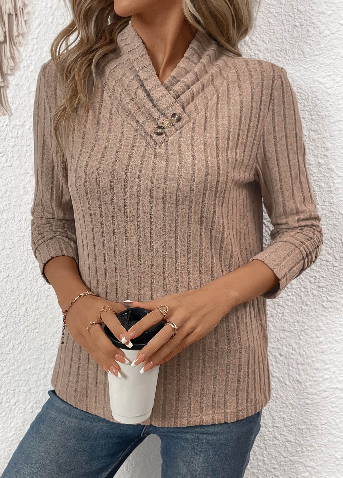 Gray Brown Surplice Long Sleeve T Shirt | picture 