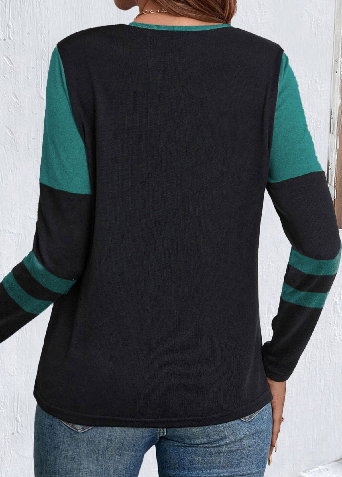 Black Patchwork Long Sleeve Split Neck T Shirt | picture 