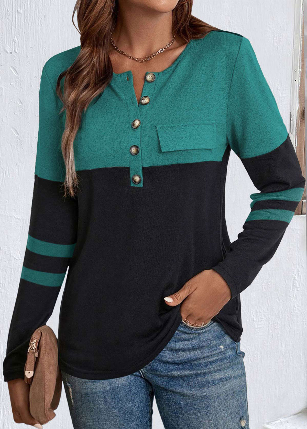 Black Patchwork Long Sleeve Split Neck T Shirt | picture 