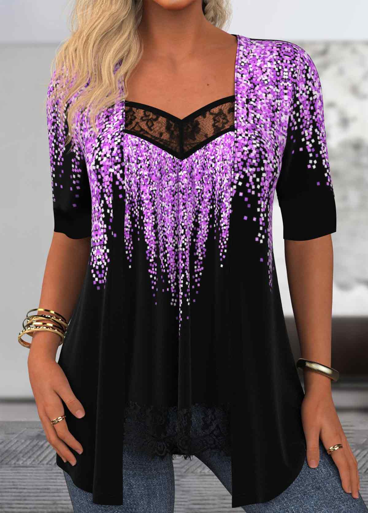 Purple Geometric Print Half Sleeve Fake Two Piece Twinset | picture 