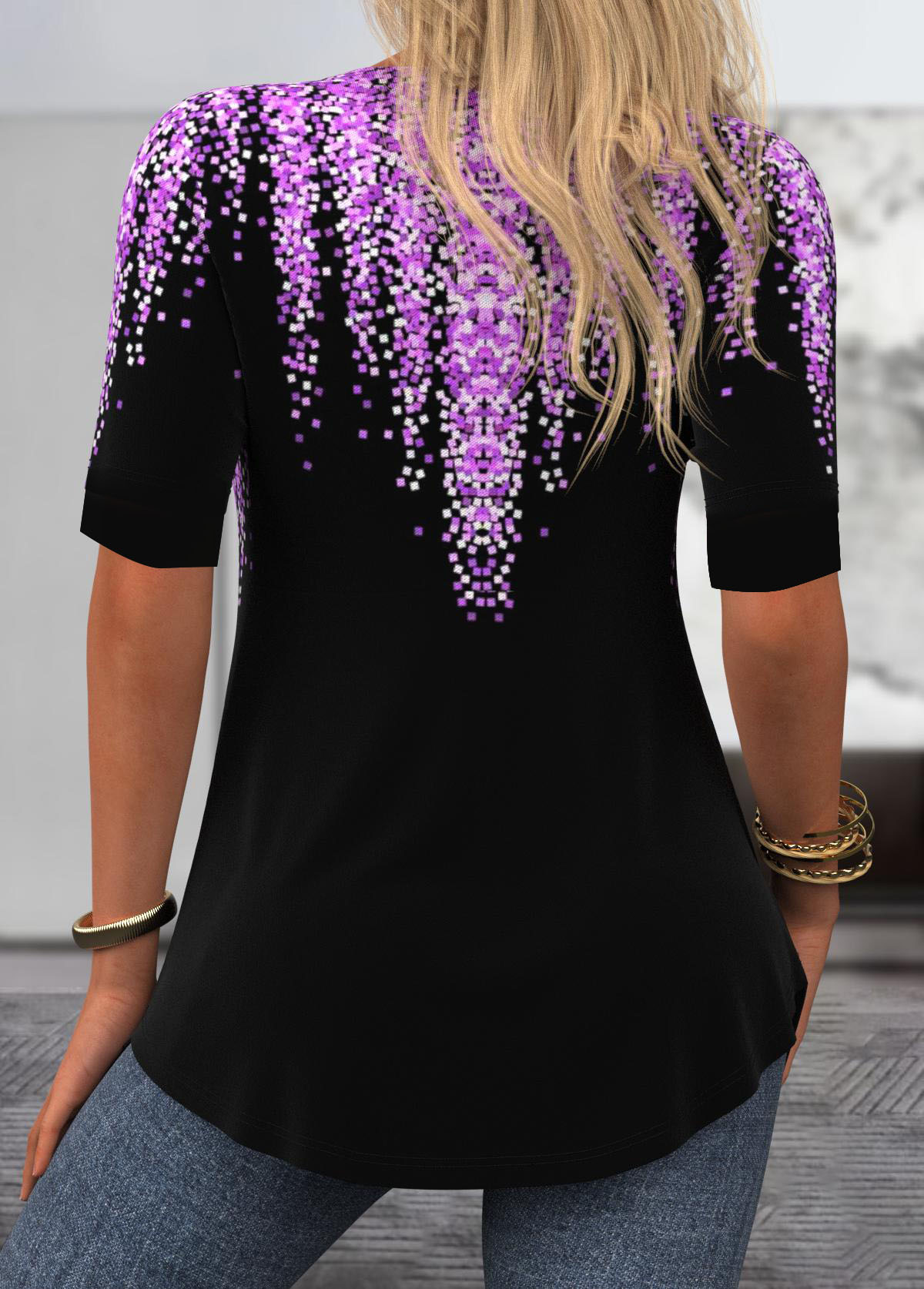 Purple Geometric Print Half Sleeve Fake Two Piece Twinset | picture 