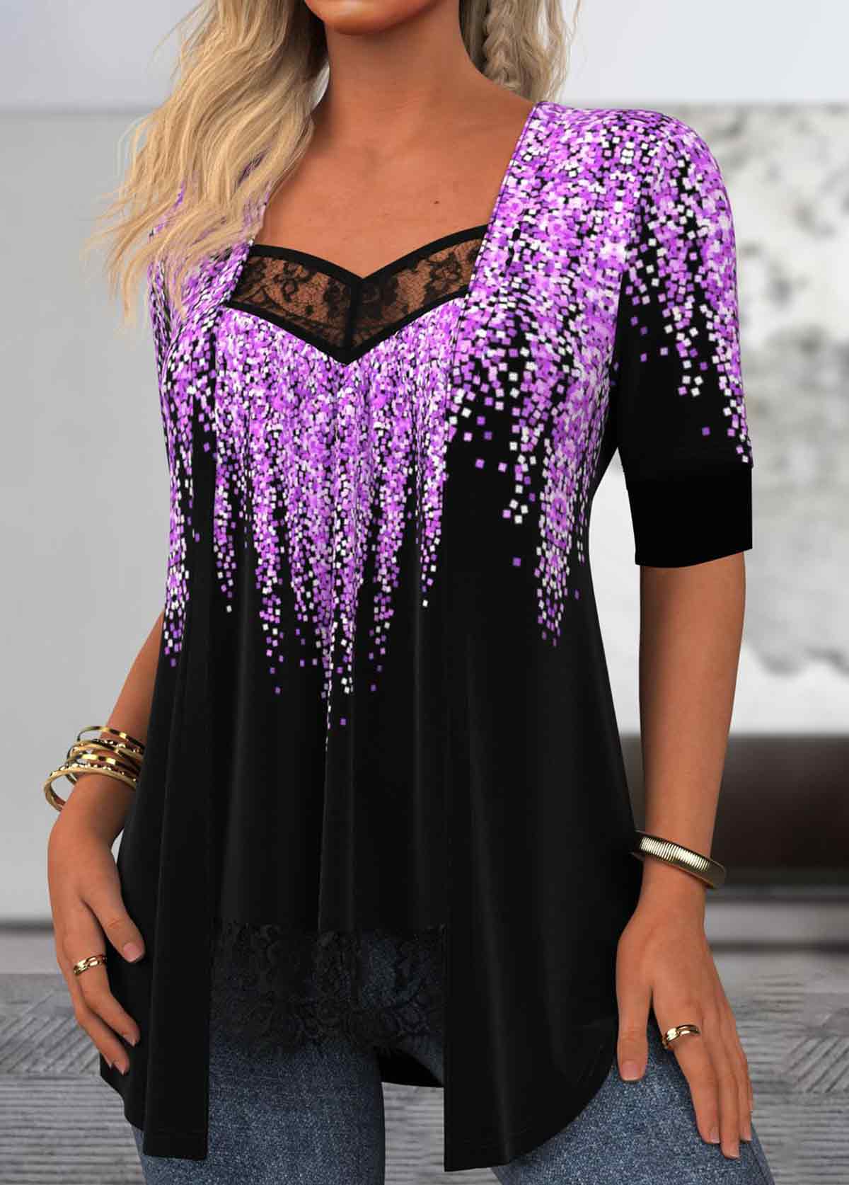 Purple Geometric Print Half Sleeve Fake Two Piece Twinset | picture 