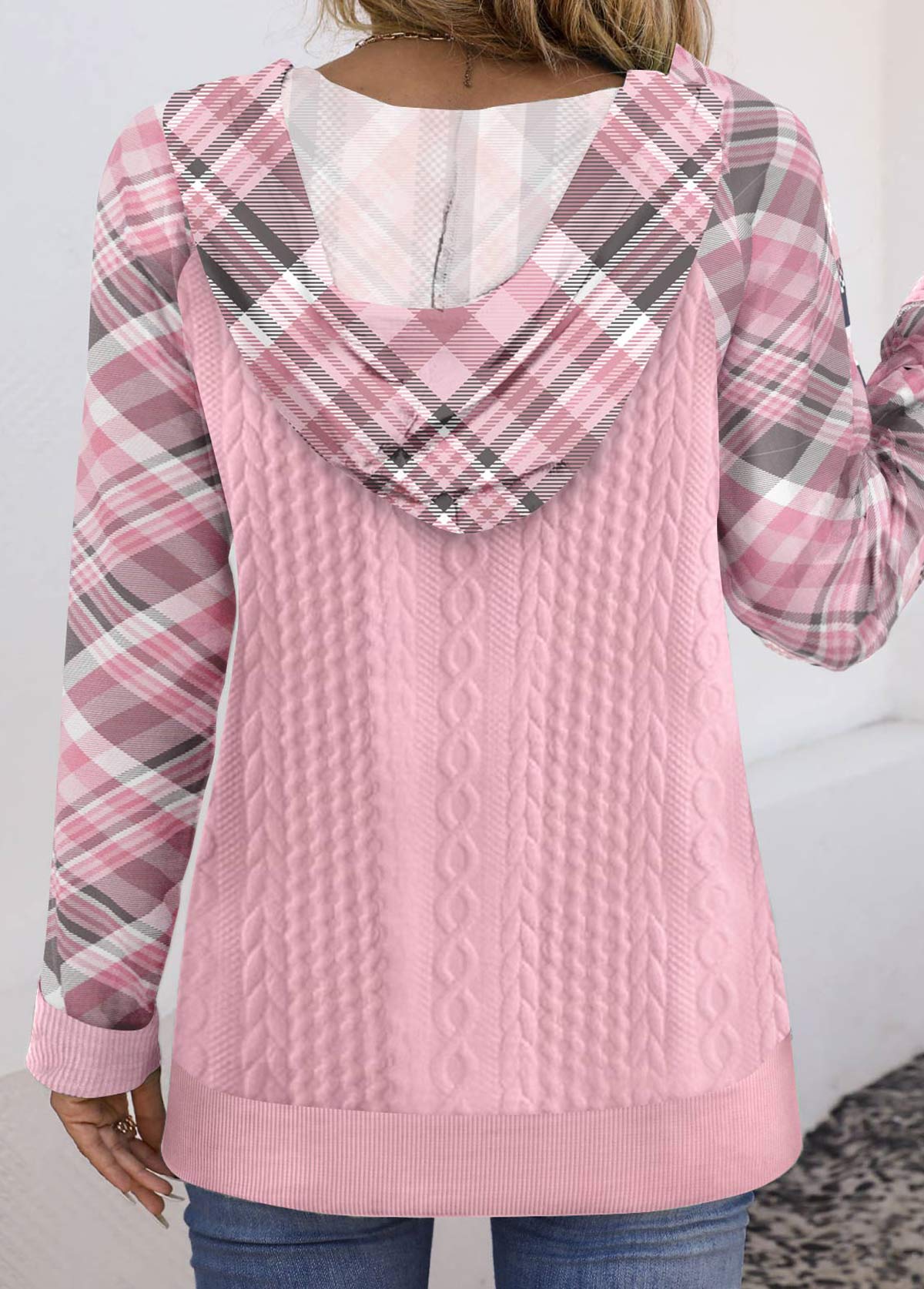 Pink Button Plaid Long Sleeve Hoodie | picture 