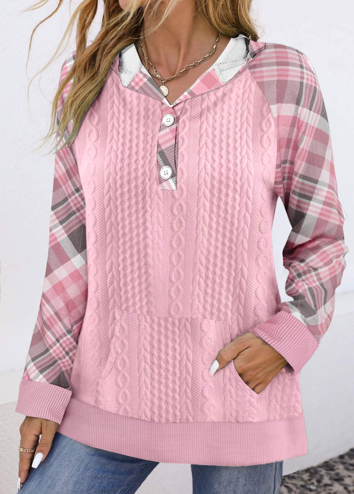 Pink Button Plaid Long Sleeve Hoodie | picture 