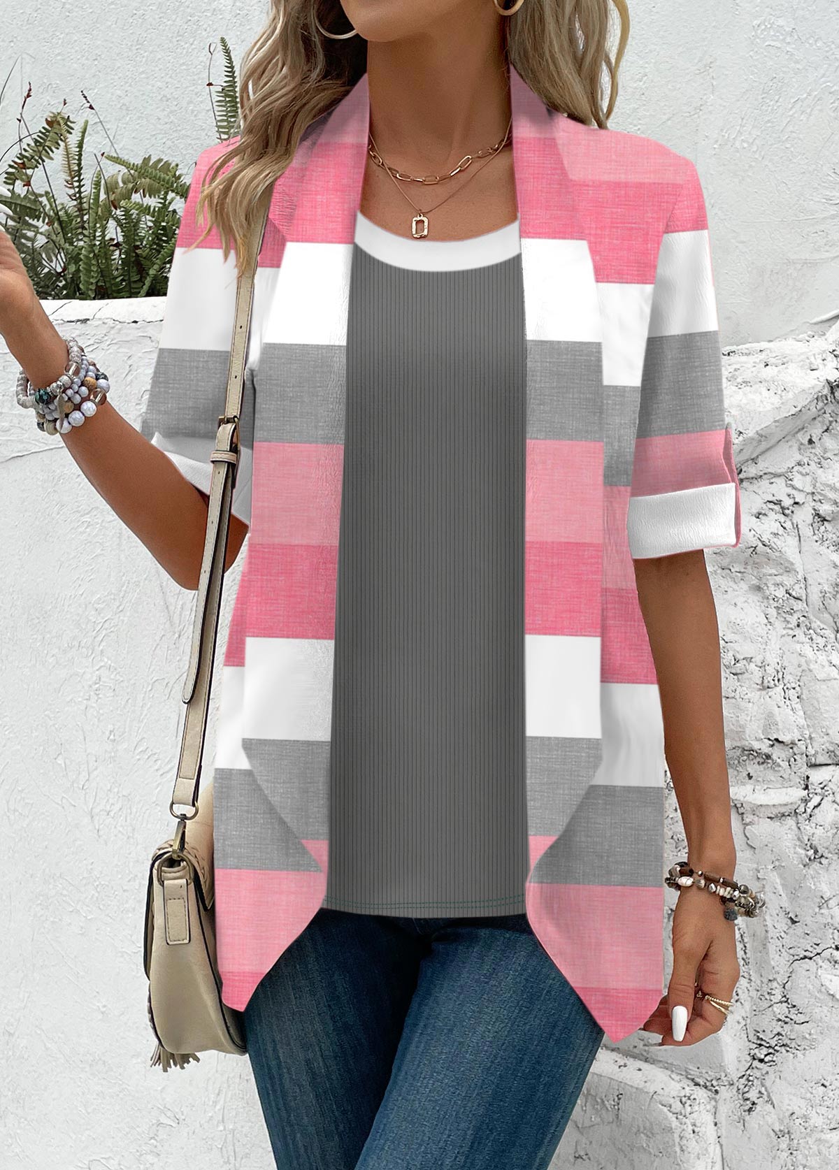 Pink Fake 2in1 Striped Half Sleeve T Shirt | picture 