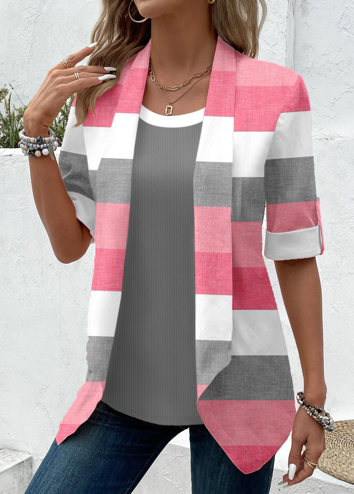 Pink Fake 2in1 Striped Half Sleeve T Shirt | picture 
