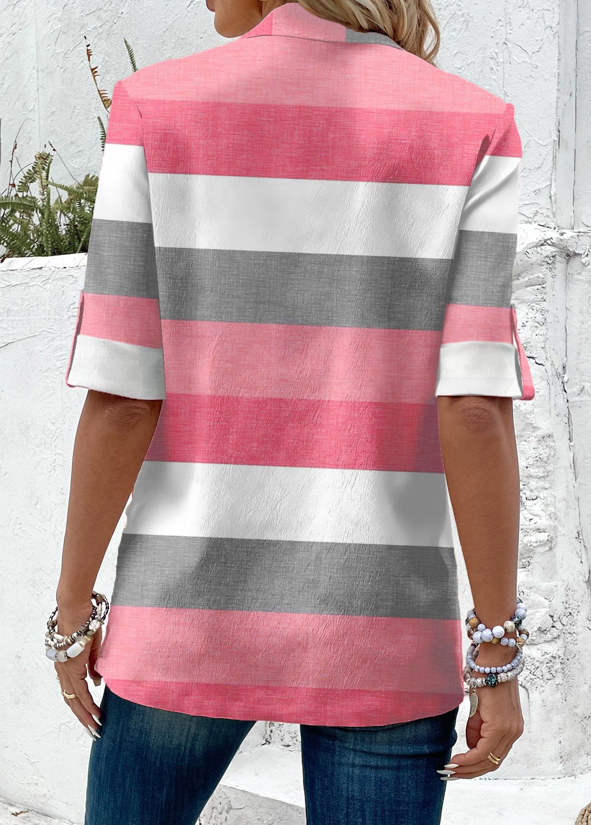 Pink Fake 2in1 Striped Half Sleeve T Shirt | picture 