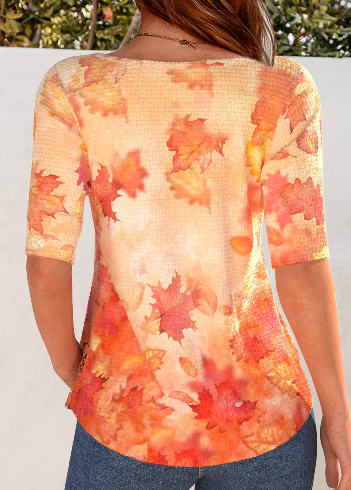 Orange Embroidery Leaf Print Half Sleeve T Shirt | picture 
