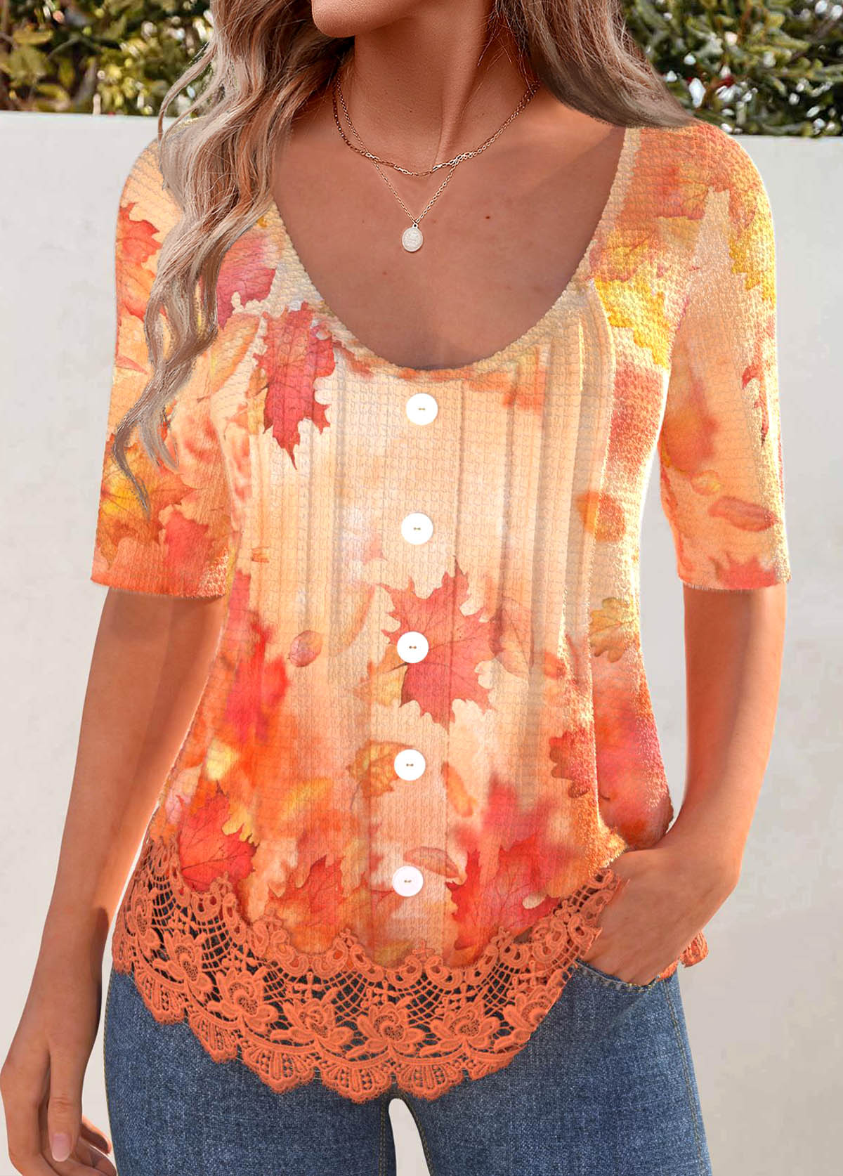 Orange Embroidery Leaf Print Half Sleeve T Shirt | picture 