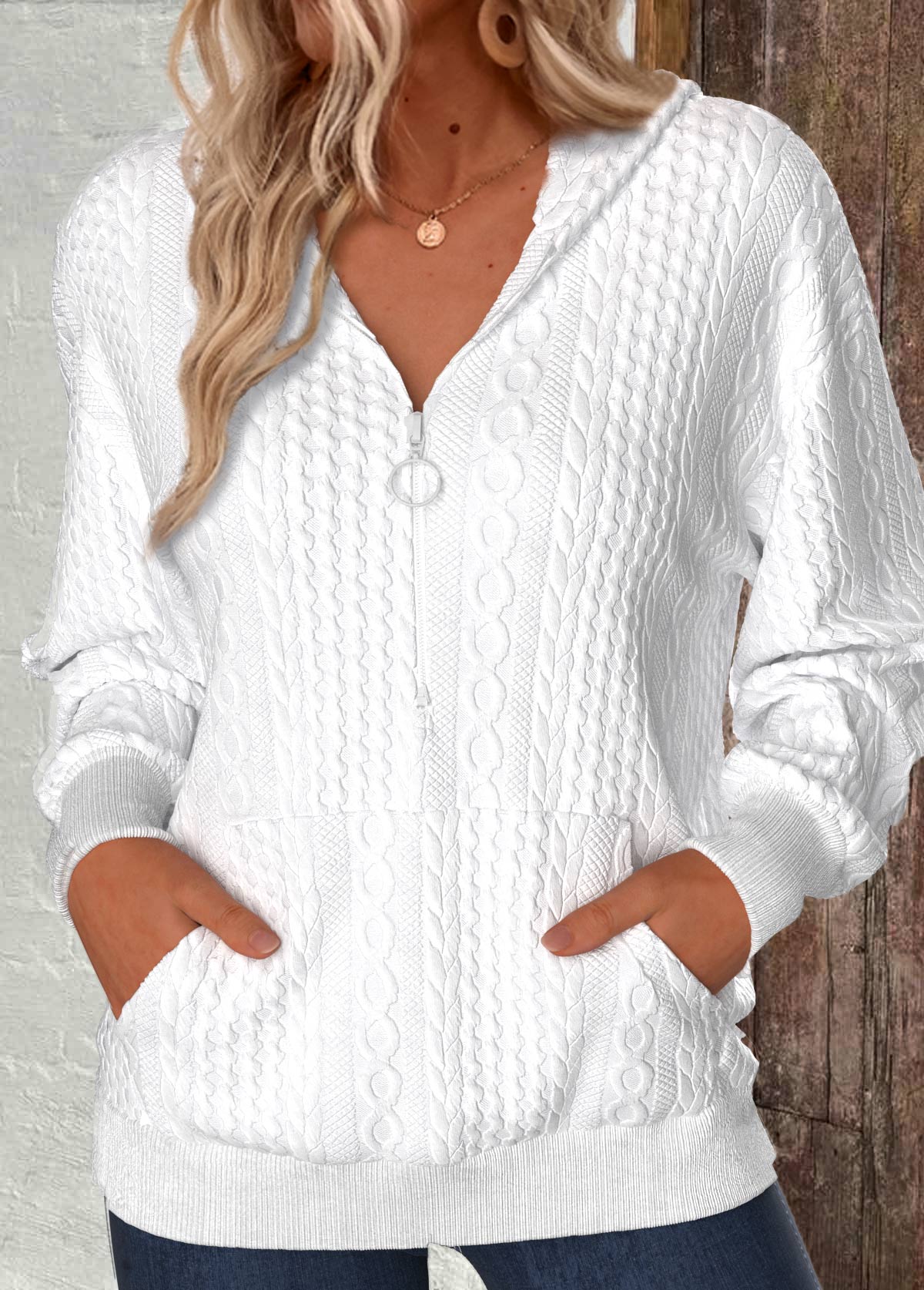White Zipper Long Sleeve V Neck Hoodie | picture 