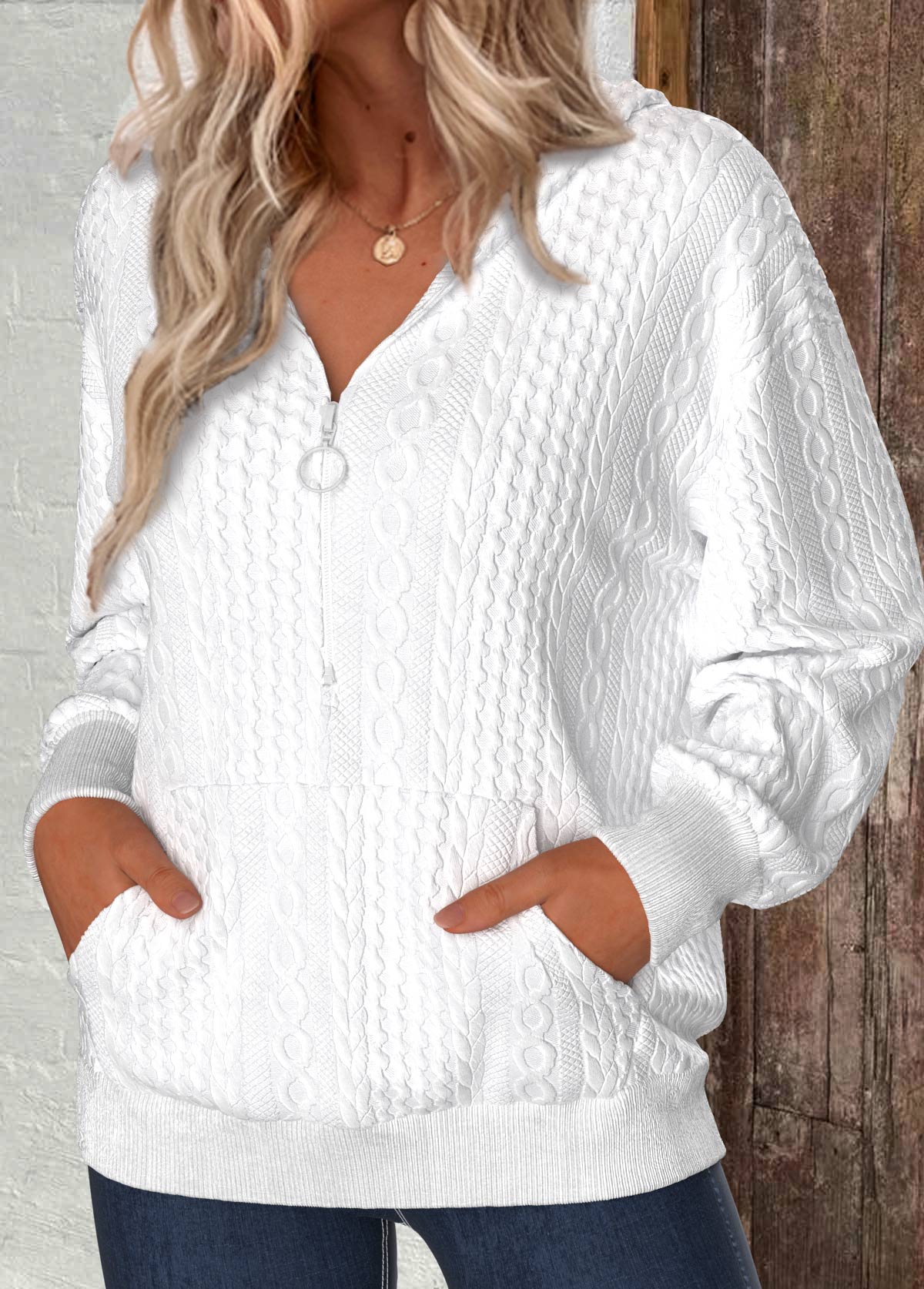 White Zipper Long Sleeve V Neck Hoodie | picture 