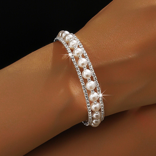 Modlily Silver Diamond Pearl Hollow Alloy Bracelet  One Size
