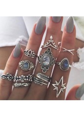 Silver Round Rhinestone Detail Alloy Ring Set