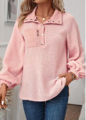 Light Pink Jacquard Long Sleeve Turn Down Collar Sweatshirt