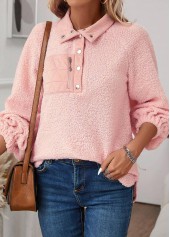 Light Pink Jacquard Long Sleeve Turn Down Collar Sweatshirt | thumb picture 