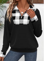 Black Patchwork Plaid Long Sleeve Turn Down Collar Sweatshirt