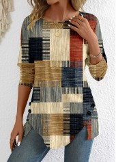 Brick Red Button Geometric Print Long Sleeve T Shirt