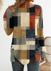 Brick Red Button Geometric Print Long Sleeve T Shirt | thumb picture 