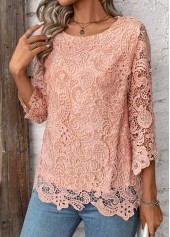 Light Pink Lace 3/4 Sleeve Round Neck T Shirt | thumb picture 