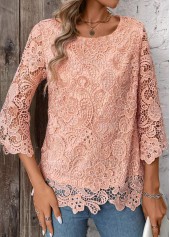 Light Pink Lace 3/4 Sleeve Round Neck T Shirt | thumb picture 