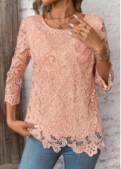 Light Pink Lace 3/4 Sleeve Round Neck T Shirt