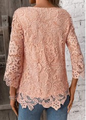 Light Pink Lace 3/4 Sleeve Round Neck T Shirt | thumb picture 