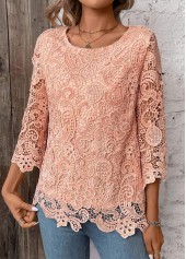 Light Pink Lace 3/4 Sleeve Round Neck T Shirt | thumb picture 