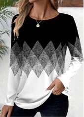 Black Patchwork Geometric Print Long Sleeve T Shirt