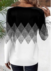 Black Patchwork Geometric Print Long Sleeve T Shirt | thumb picture 
