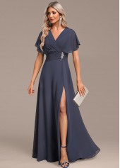 Dark Grey Split Maxi Short Sleeve V Neck Dress