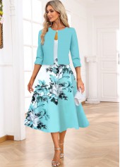 Light Blue Two Piece Floral Print Dress and Cardigan